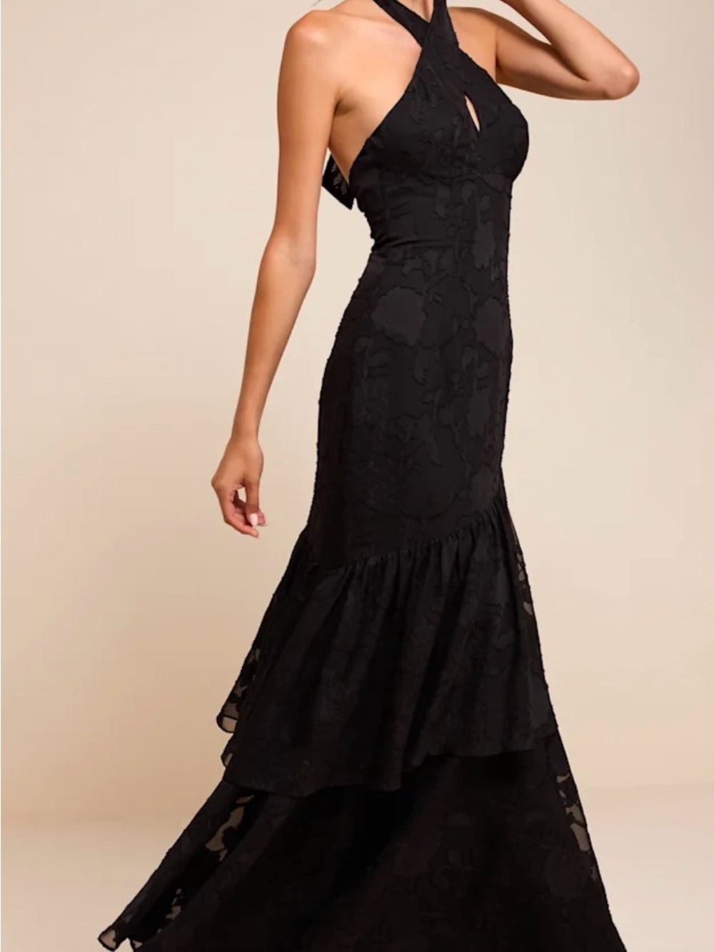 Eloria Black Halter Maxi Dress by Lulu's Black Textured Tiered Maxi Dress